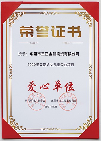 6月3日上午，東莞市婦聯(lián)聯(lián)合市委組織部、市直工委、市婦女兒童福利會(huì)共同啟動(dòng)了2021年?yáng)|莞市婦女兒童“黨群公益匯”活動(dòng)。啟動(dòng)議式上，三正金融投資公司被授予“愛(ài)心單位”榮譽(yù)證書(shū)。